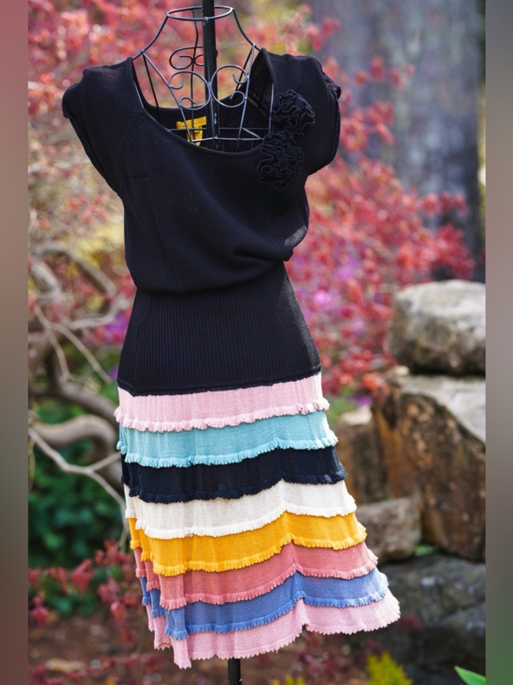 Black Knit Dress with Rainbow Ruffle Hem